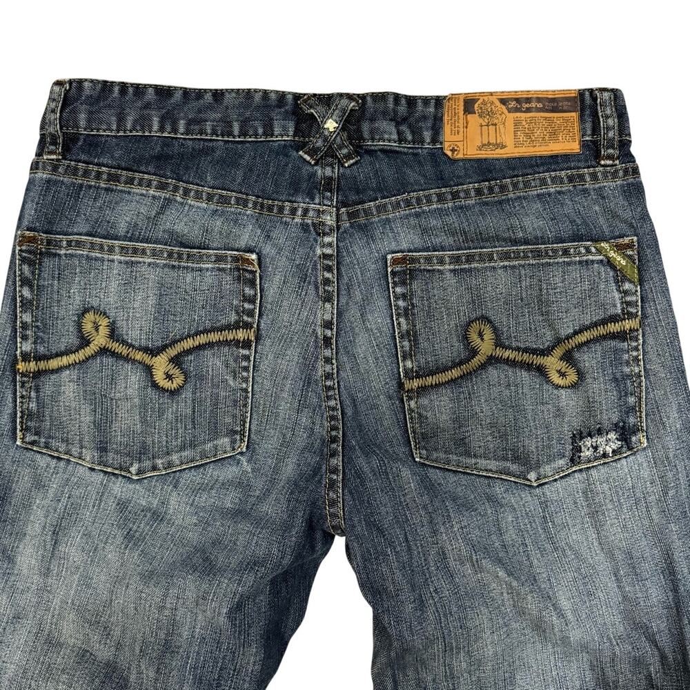 LRG Hacksaw Mens Jeans Measured 32x32 Blue Embroidered Distressed